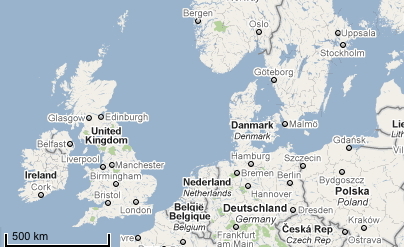 Utdrag av et kart over Irland, England, Belgia, Danmark, Tuskland, Sjekkia, Polen, Sverige og Norge. Målestokken ser du i det nedre venstre hjørnet.